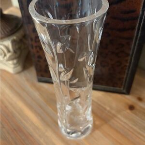 Vintage Royal Crystal Rock Cut Clear Laurus Stem Leaf Bud Flower Vase